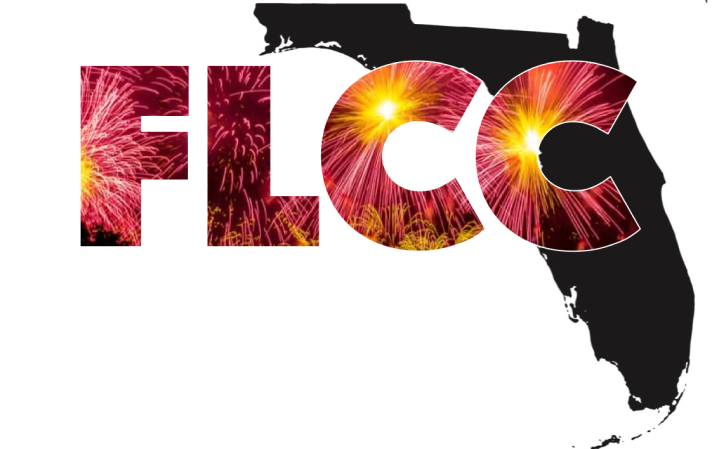 FLCC Logo - Red Text with fireworks inside on top of a black outline of florida